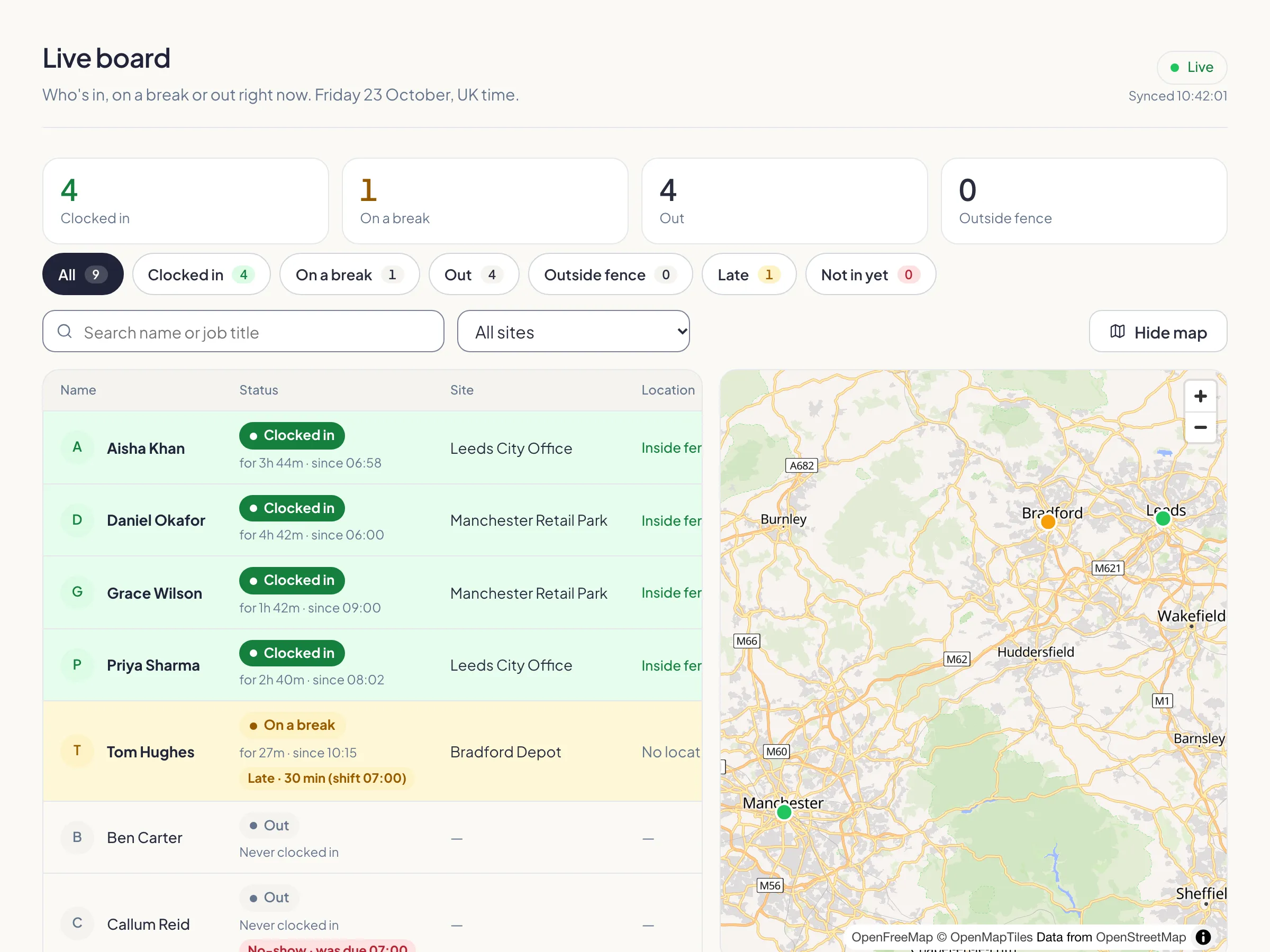 The KiteClock live board: four people clocked in, one on a break, with how long and since when.