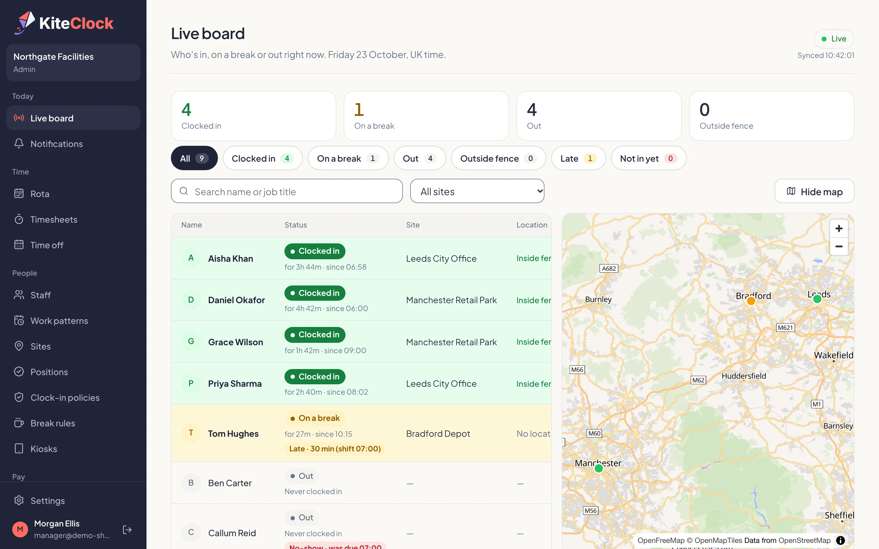 The KiteClock live board: four people clocked in and one on a break across three sites, with a map.