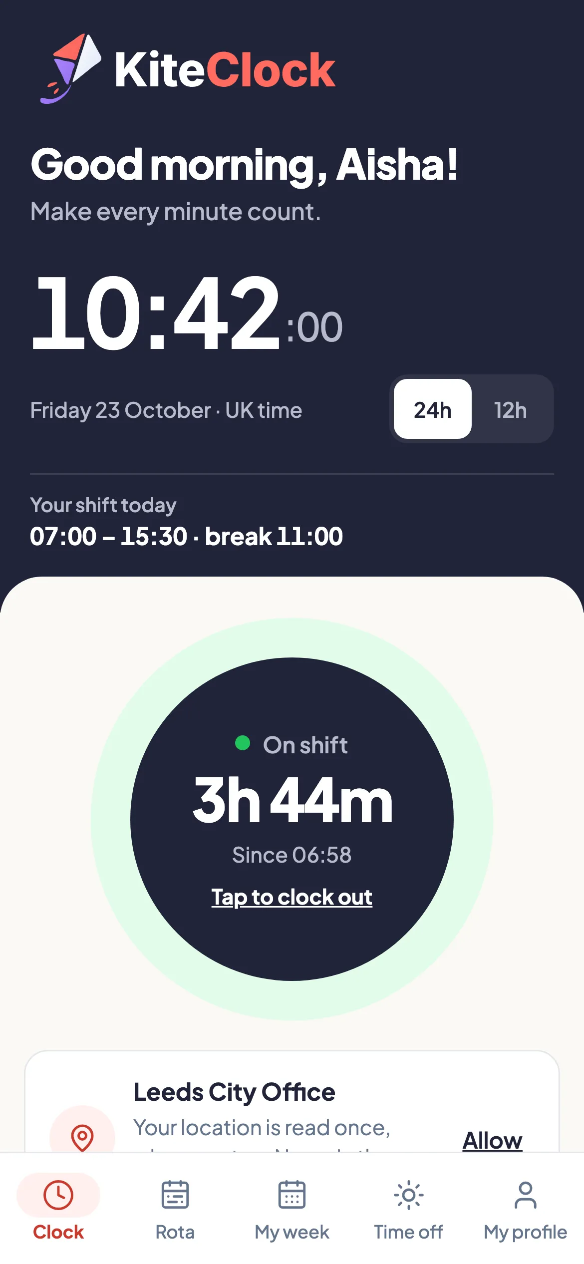 The KiteClock staff app on a phone: Aisha on shift since 06:58.