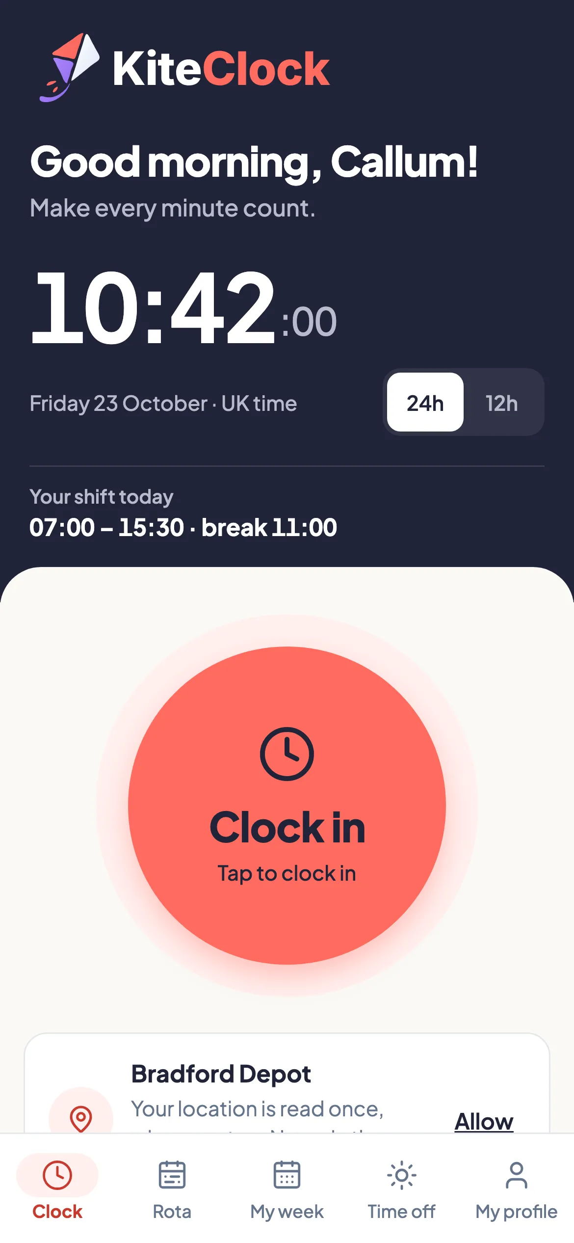 The KiteClock staff app before clocking in: a big Clock in button for Bradford Depot.